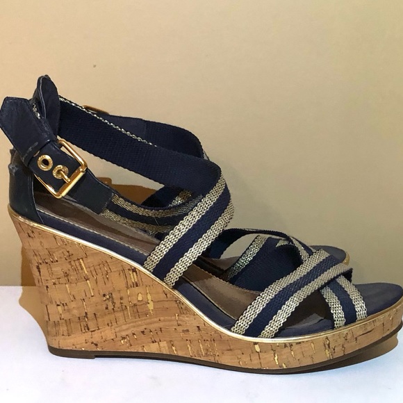 Sperry Topsider Navy Blue & Gold Crisscross Front Cork Heel Sandal. 4” heel - Picture 8 of 11